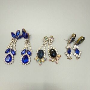 Vintage Blue White Rhinestone Earring Lot of 3 Posts One Signed Husar D Cocktail
